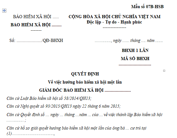 Mẫu quyết định về việc hưởng bảo hiểm xã hội một lần là mẫu nào?