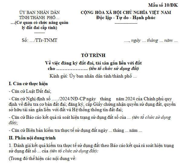 Mẫu tờ trình về việc đăng ký đất đai, tài sản gắn liền với đất của cơ quan có chức năng quản lý đất đai cấp tỉnh