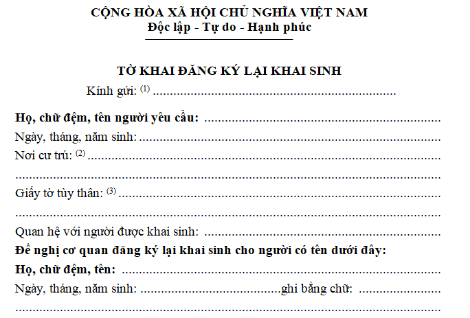 Mẫu tờ khai đăng ký lại khai sinh 