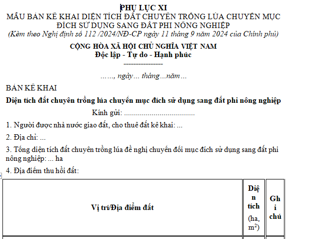 Mẫu bản kê khai diện tích đất chuyên trồng lúa chuyển mục đích sử dụng đất sang đất phi nông nghiệp là mẫu nào?