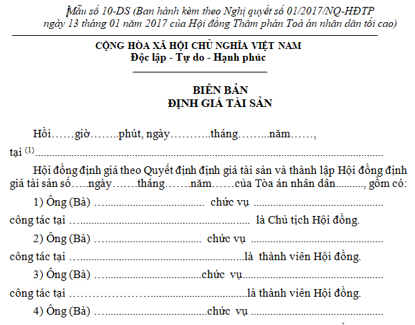 Mẫu Biên bản định giá tài sản trong tố tụng dân sự là mẫu nào?