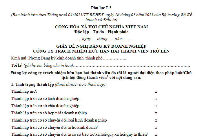 Mẫu Giấy đề nghị đăng ký doanh nghiệp công ty trách nhiệm hữu hạn mới nhất?