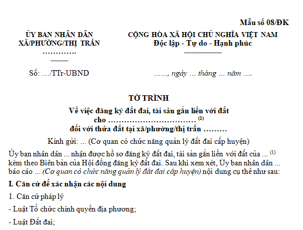 Mẫu tờ trình về việc đăng ký đất đai, tài sản gắn liền với đất của Ủy ban nhân dân cấp xã