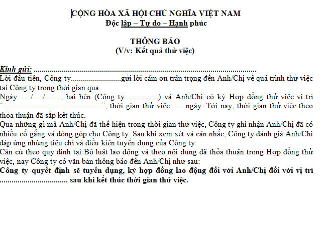 Mẫu thông báo kết quả thử việc đạt yêu cầu mới nhất