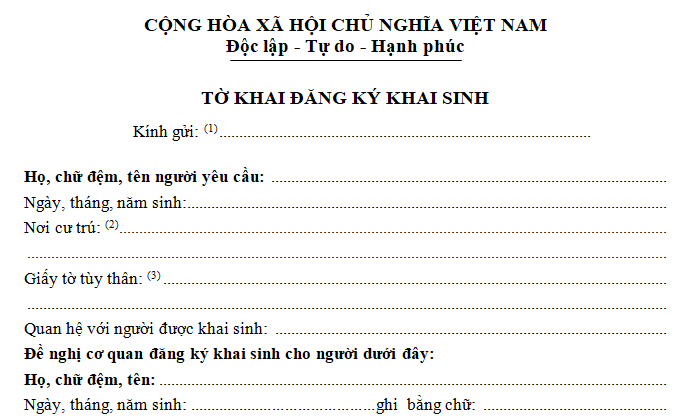 Mẫu tờ khai đăng ký khai sinh