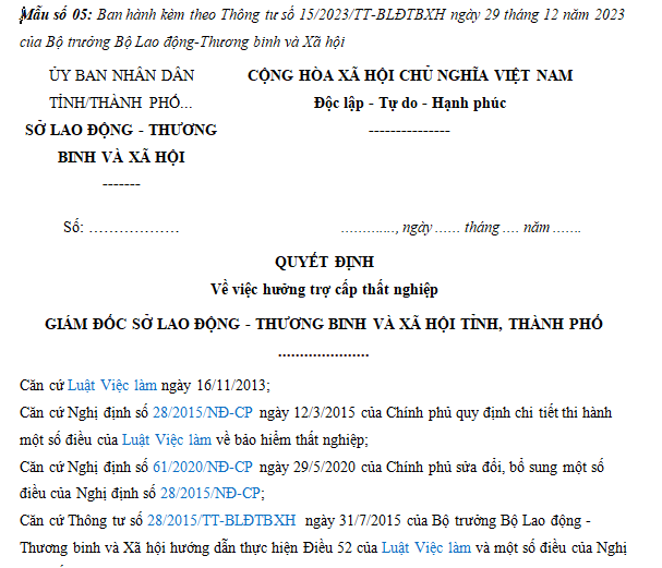 Mẫu quyết định về việc hưởng trợ cấp thất nghiệp mới nhất? 