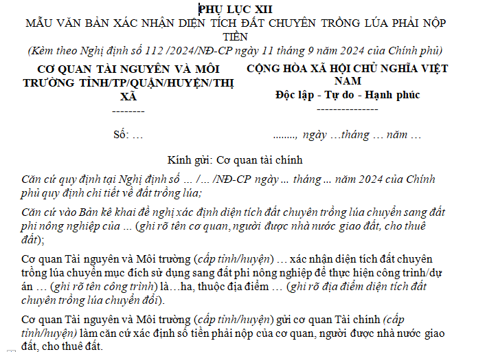 Mẫu văn bản xác nhận diện tích đất chuyên trồng lúa phải nộp tiền sử dụng đất