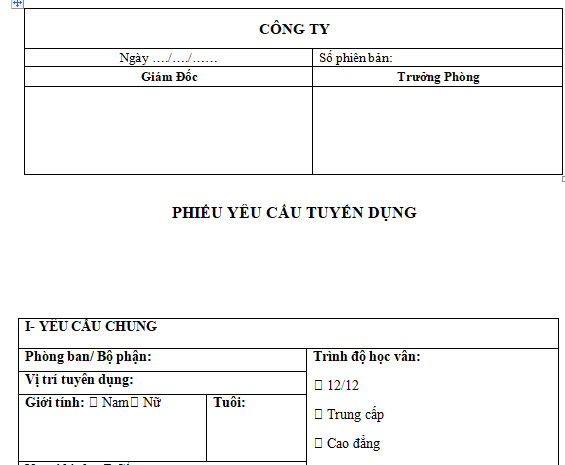 Mẫu phiếu yêu cầu tuyển dụng người lao động dành cho doanh nghiệp hiện nay là mẫu nào? Tải về ở đâu?