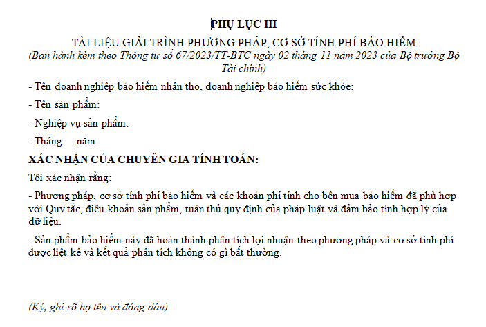 Mẫu tài liệu giải trình phương pháp, cơ sở tính phí bảo hiểm nhân thọ là mẫu nào? 