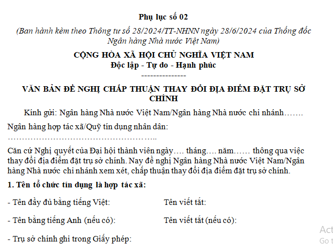 Mẫu văn bản đề nghị chấp thuận thay đổi địa điểm đặt trụ sở chính của ngân hàng hợp tác xã là mẫu nào? 