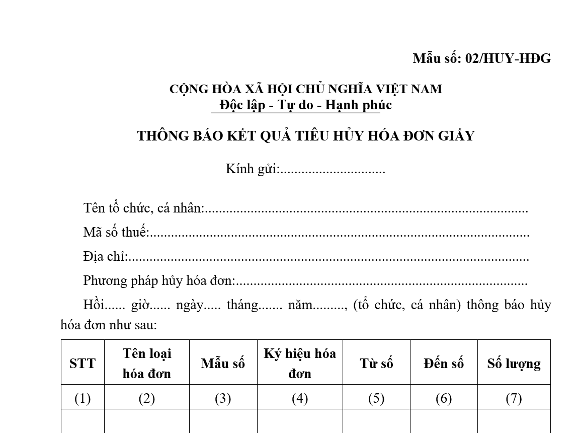 Mẫu thông báo kết quả hủy hóa đơn giấy theo Nghị định 123 sử dụng mẫu nào?