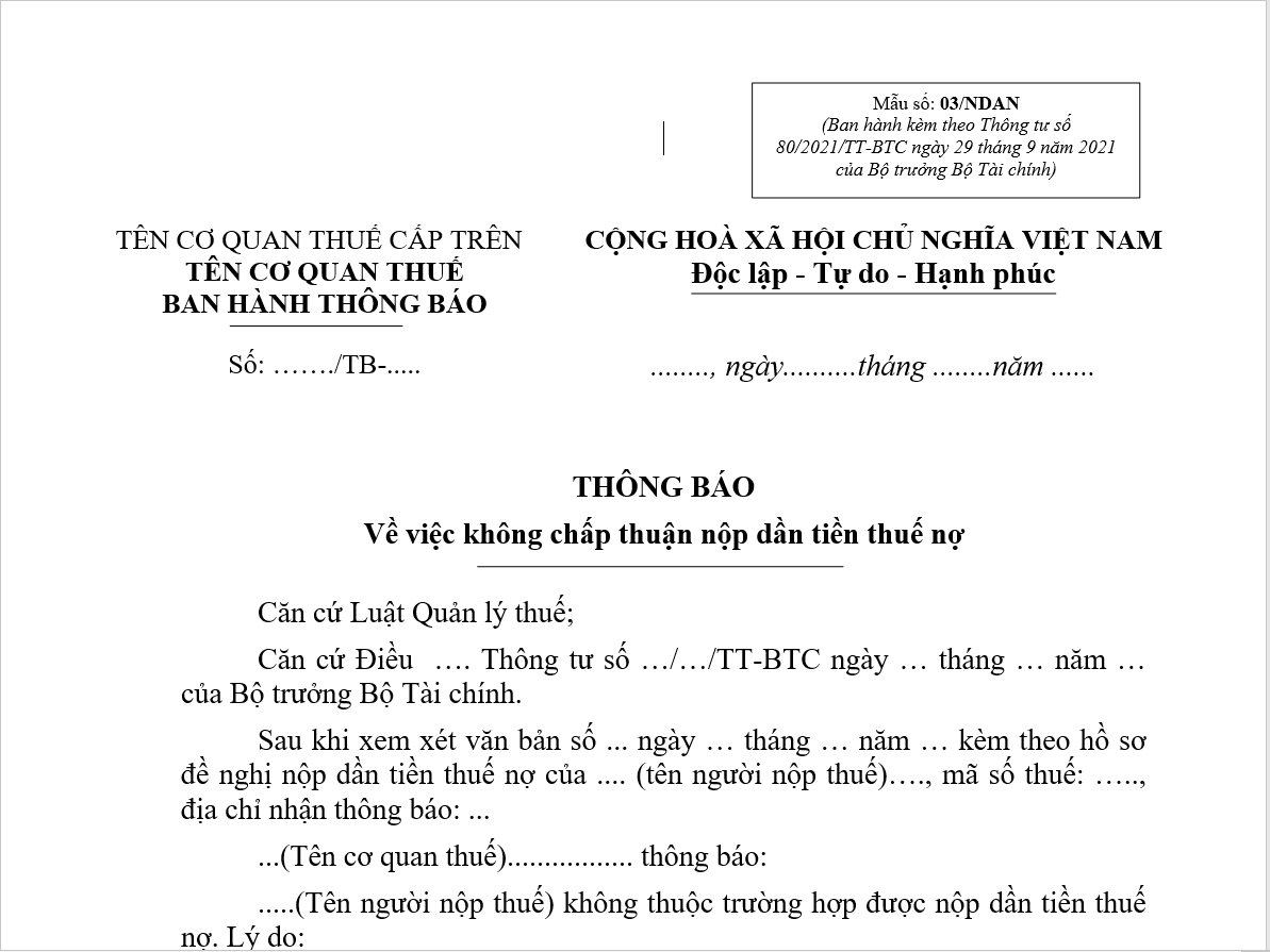 Mẫu thông báo về việc không chấp thuận nộp dần tiền thuế nợ theo Thông tư 80 sử dụng mẫu nào?