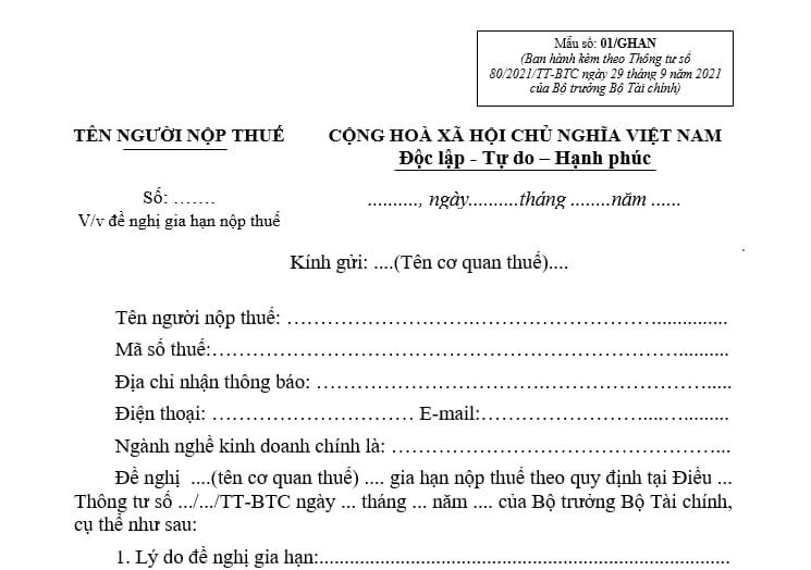 Mẫu giấy đề nghị gia hạn nộp thuế theo Thông tư 80/2021/TT-BTC sử dụng mẫu nào?