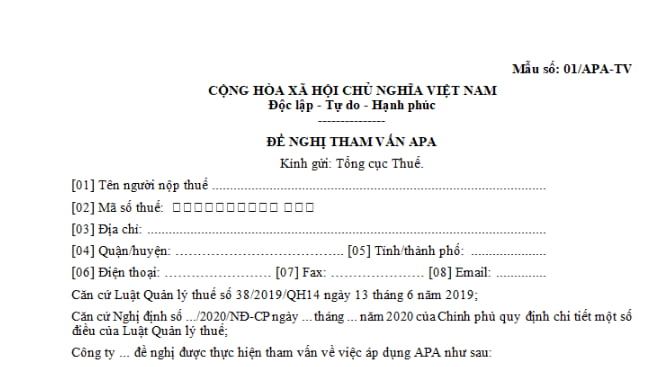 Mẫu đơn đề nghị đề nghị tham vấn APA mới nhất hiện nay?