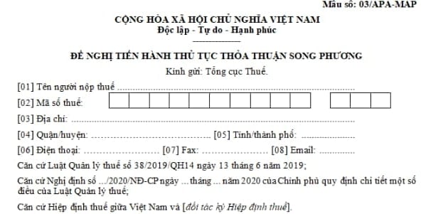 Mẫu đơn đề nghị tiến hành thủ tục thỏa thuận song phương