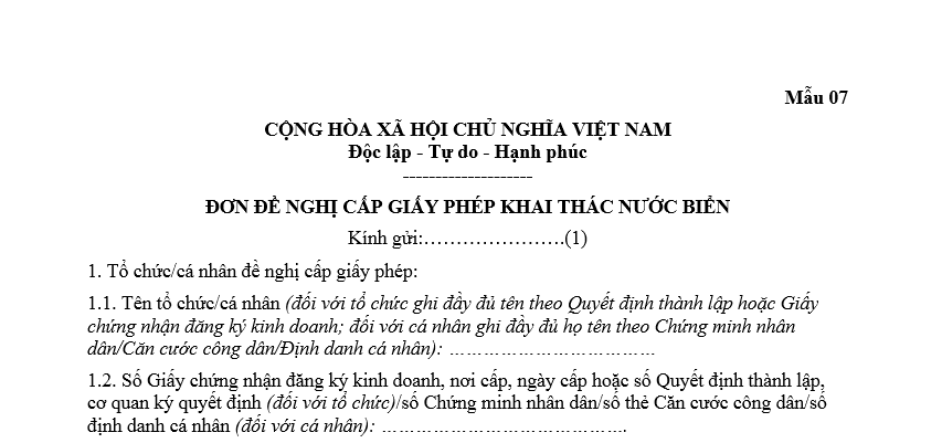 Mẫu đơn đề nghị cấp giấy phép khai thác nước biển mới nhất?