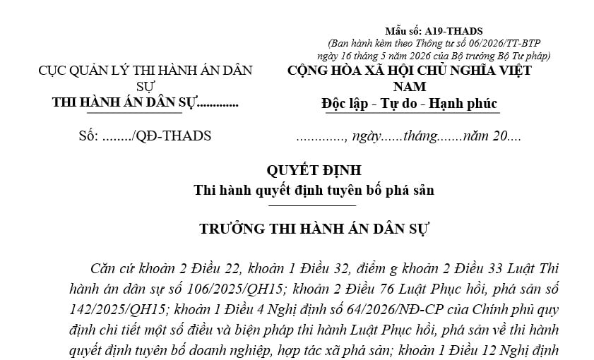 Mẫu Quyết định thi hành quyết định tuyên bố phá sản trong thi hành án dân sự theo Thông tư 06 là mẫu nào?