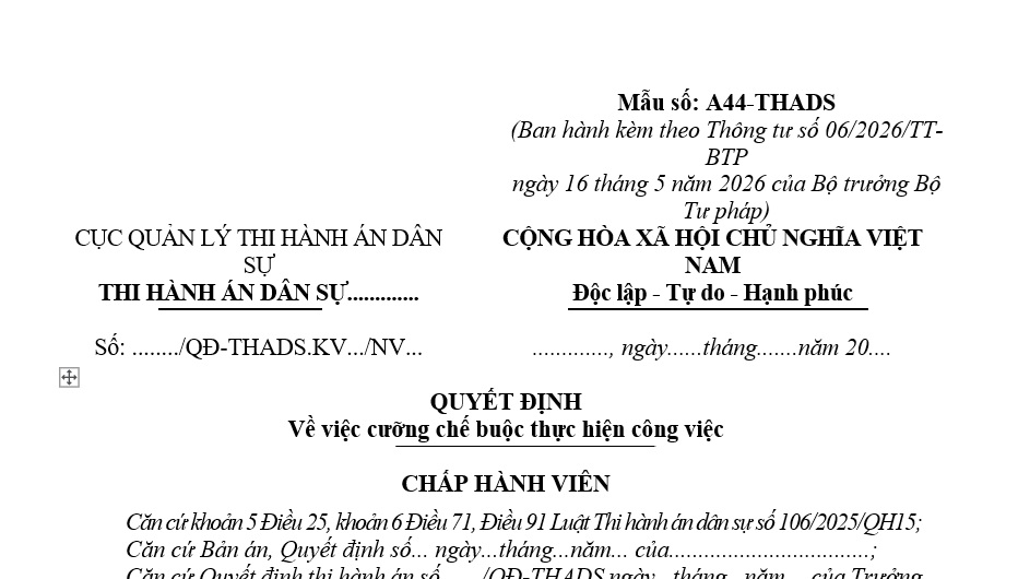 Mẫu Quyết định về việc cưỡng chế buộc thực hiện công việc trong thi hành án dân sự theo Thông tư 06 là mẫu nào?