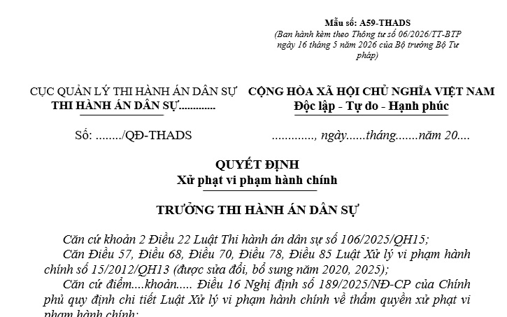 Mẫu Quyết định xử phạt vi phạm hành chính trong thi hành án dân sự theo Thông tư 06 là mẫu nào?