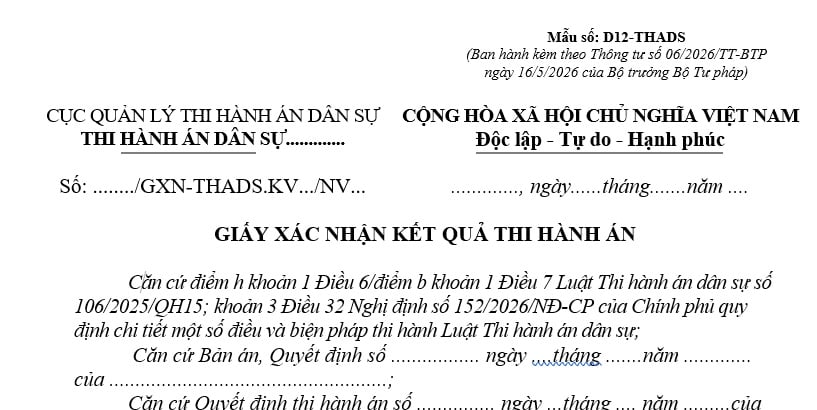 Mẫu Giấy xác nhận kết quả thi hành án dân sự từ 1/7/2026 theo Thông tư 06 là mẫu nào? Tải về?