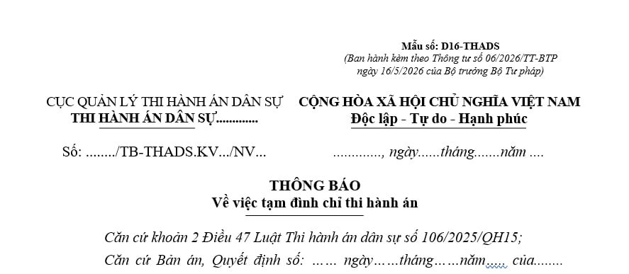 Mẫu Thông báo về việc tạm đình chỉ thi hành án dân sự từ 1/7/2026 theo Thông tư 06 là mẫu nào?