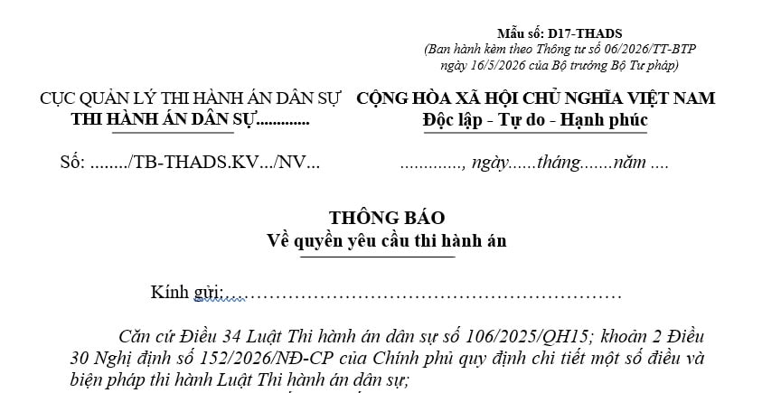 Mẫu Thông báo về quyền yêu cầu thi hành án dân sự từ 1/7/2026 theo Thông tư 06 là mẫu nào? Tải về?