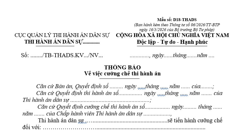 Mẫu Thông báo về việc cưỡng chế thi hành án dân sự từ 1/7/2026 theo Thông tư 06 là mẫu nào?