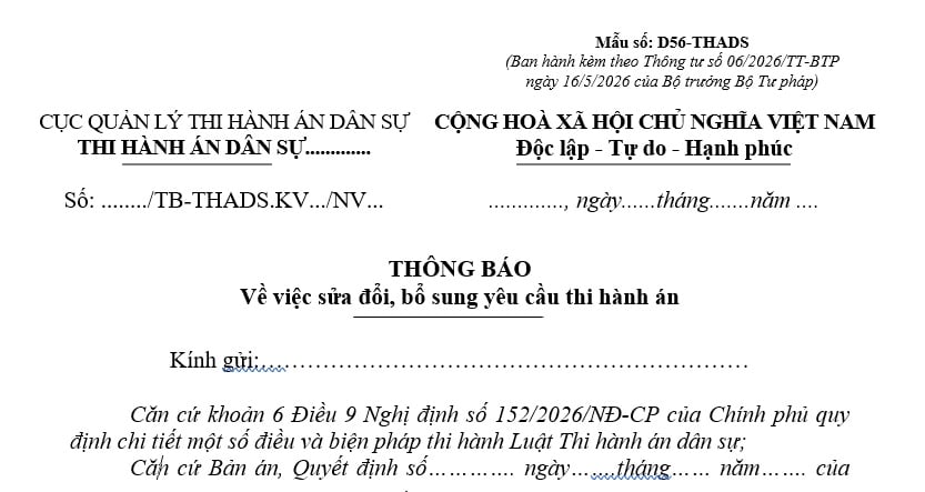 Mẫu Thông báo về việc sửa đổi, bổ sung yêu cầu thi hành án dân sự theo Thông tư 06 là mẫu nào?