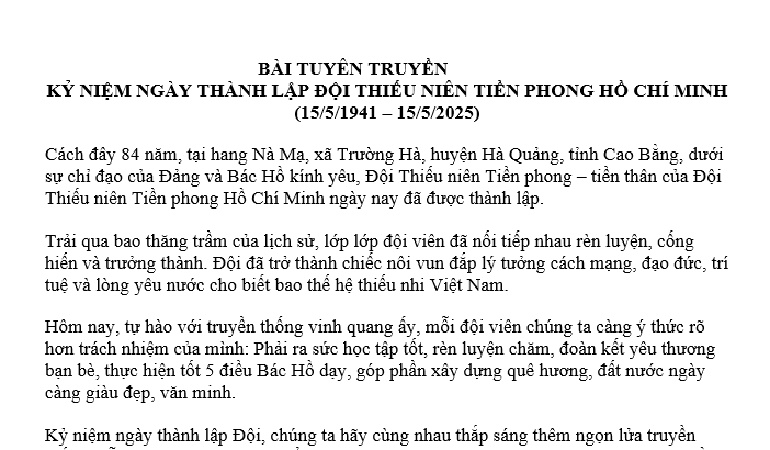 Mẫu Bài tuyên truyền Ngày Thành Lập Đội Thiếu Niên Tiền Phong Hồ Chí Minh ngày 15 5 hay, ý nghĩa?