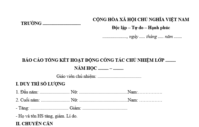 Mẫu Báo cáo tổng kết hoạt động công tác chủ nhiệm lớp mới nhất là mẫu nào? Tải mẫu báo cáo về ở đâu?