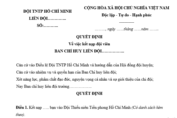 Mẫu Quyết định kết nạp đội viên Đội thiếu niên tiền phong Hồ Chí Minh?