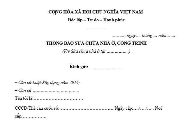 Mẫu thông báo sửa chữa cải tạo nhà ở, công trình mới nhất là mẫu nào? Tải về thông báo sửa chữa cải tạo nhà ở?
