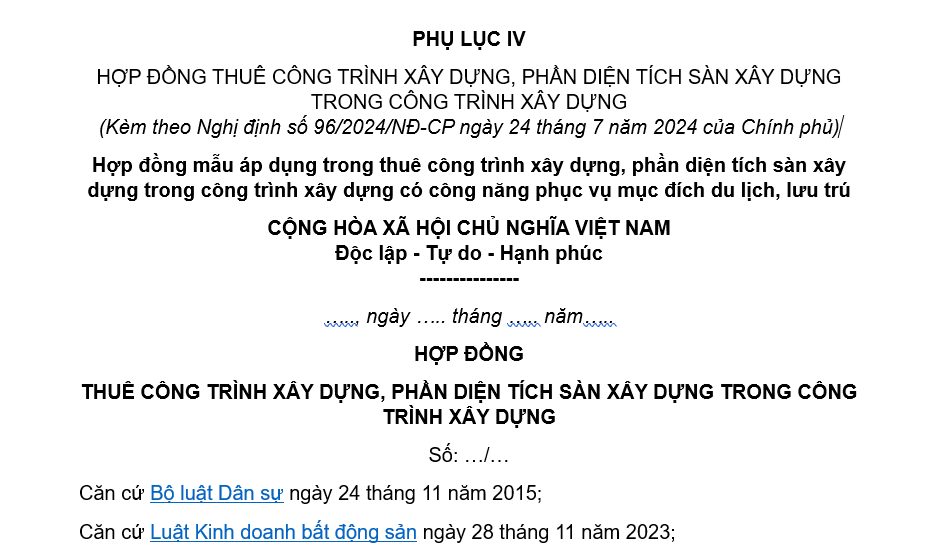 Tải về mẫu hợp đồng thuê công trình xây dựng, phần diện tích sàn xây dựng trong công trình xây dựng mới nhất?