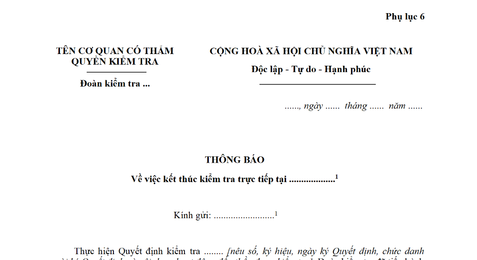 Mẫu thông báo kết thúc kiểm tra trực tiếp tình hình thực hiện hoạt động đấu thầu là mẫu nào? Tải mẫu về?