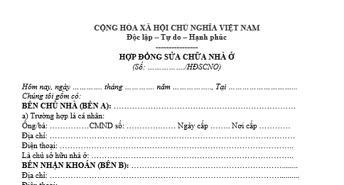 Mẫu hợp đồng sửa chữa nhà ở mới nhất là mẫu nào?