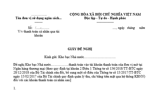 Mẫu giấy đề nghị thanh toán cá nhân qua tài khoản của kho bạc nhà nước mới nhất là mẫu nào? Tải về ở đâu?