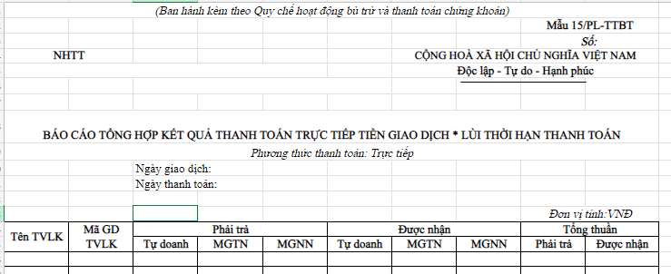 Mẫu báo cáo tổng hợp kết quả thanh toán trực tiếp tiền giao dịch lùi thời hạn thanh toán của VSDC?