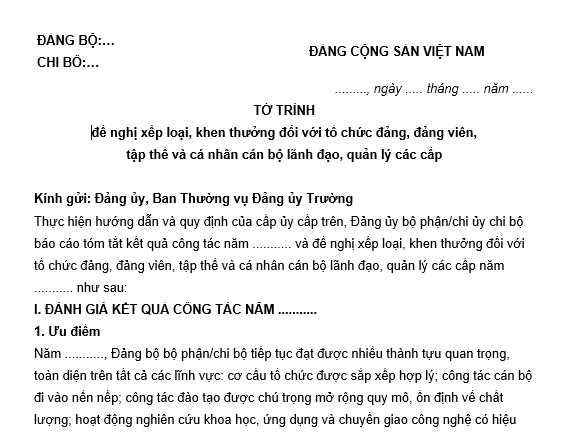 Mẫu Tờ trình đề nghị xếp loại, khen thưởng đối với tổ chức đảng, đảng viên mới nhất là mẫu nào?