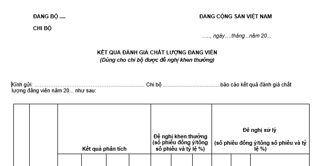 Mẫu tổng hợp kết quả đánh giá chất lượng đảng viên của chi bộ được đề nghị khen thưởng mới nhất?