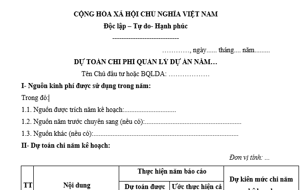 Mẫu dự toán chi phí quản lý dự án năm mới nhất là mẫu nào? Dự toán chi phí quản lý dự án năm là gì?