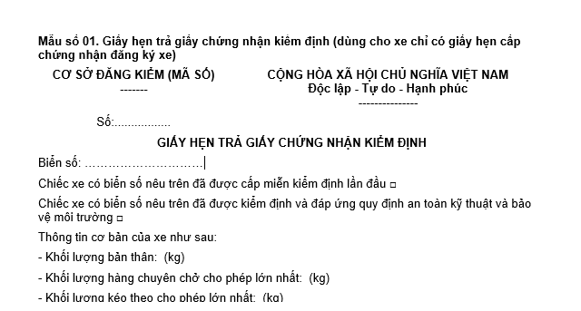 Mẫu Giấy hẹn trả giấy chứng nhận kiểm định