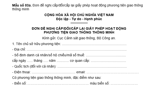 Mẫu đơn đề nghị cấp, đổi, cấp lại giấy phép hoạt động phương tiện giao thông thông minh mới nhất?