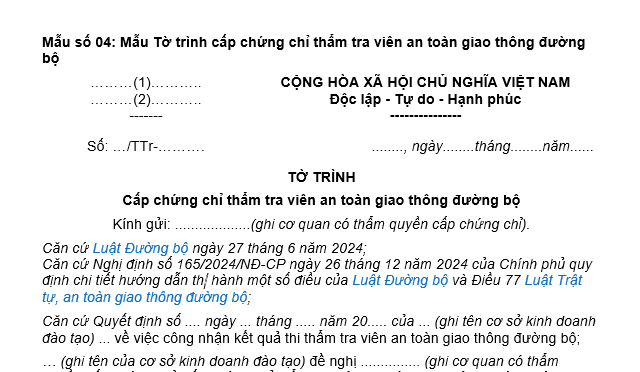 Mẫu số 04 Mẫu Tờ trình cấp chứng chỉ thẩm tra viên an toàn giao thông đường bộ theo Nghị định 165 mới nhất?