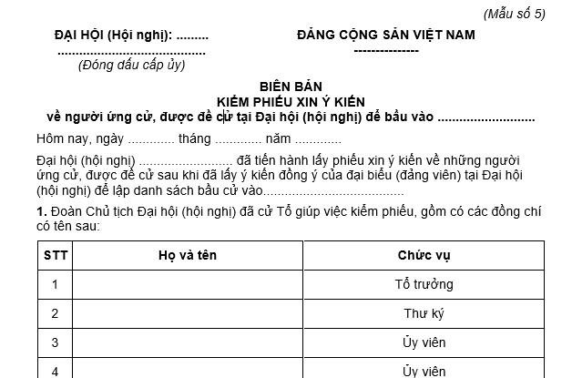 Mẫu biên bản kiểm phiếu xin ý kiến về người ứng cử, được đề cử tại đại hội đối với quy chế bầu cử trong đảng mới nhất?