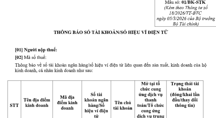 Mẫu Thông báo số tài khoản, ví điện tử cho hộ kinh doanh trên 500 triệu?