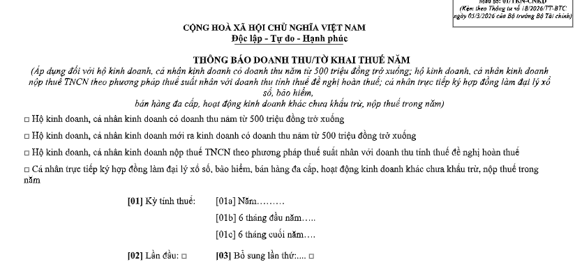 Mẫu Tờ khai thuế hộ kinh doanh có doanh thu trên 500 triệu?