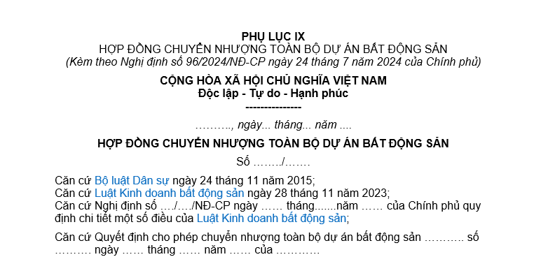 Mẫu hợp đồng chuyển nhượng toàn bộ dự án bất động sản mới nhất là mẫu nào? 