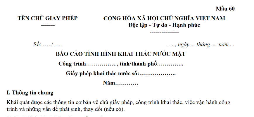 Mẫu báo cáo tình hình khai thác nước mặt mới nhất là gì?