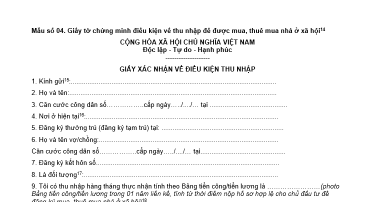 Mẫu giấy xác nhận điều kiện thu nhập để được mua nhà ở xã hội mới nhất? Hướng dẫn cách điền mẫu?