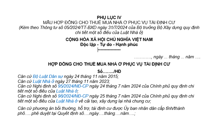 Mẫu hợp đồng cho thuê mua nhà ở phục vụ tái định cư mới nhất là mẫu nào? Tải về ở đâu?